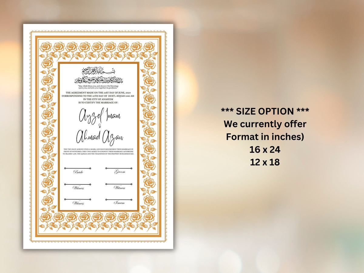 Rose Nikkah Certificate Template, Editable Nikkahnama, Printable Nikah Contract, Muslim Contract, Nikkah Islamic Marriage Contract.NN254