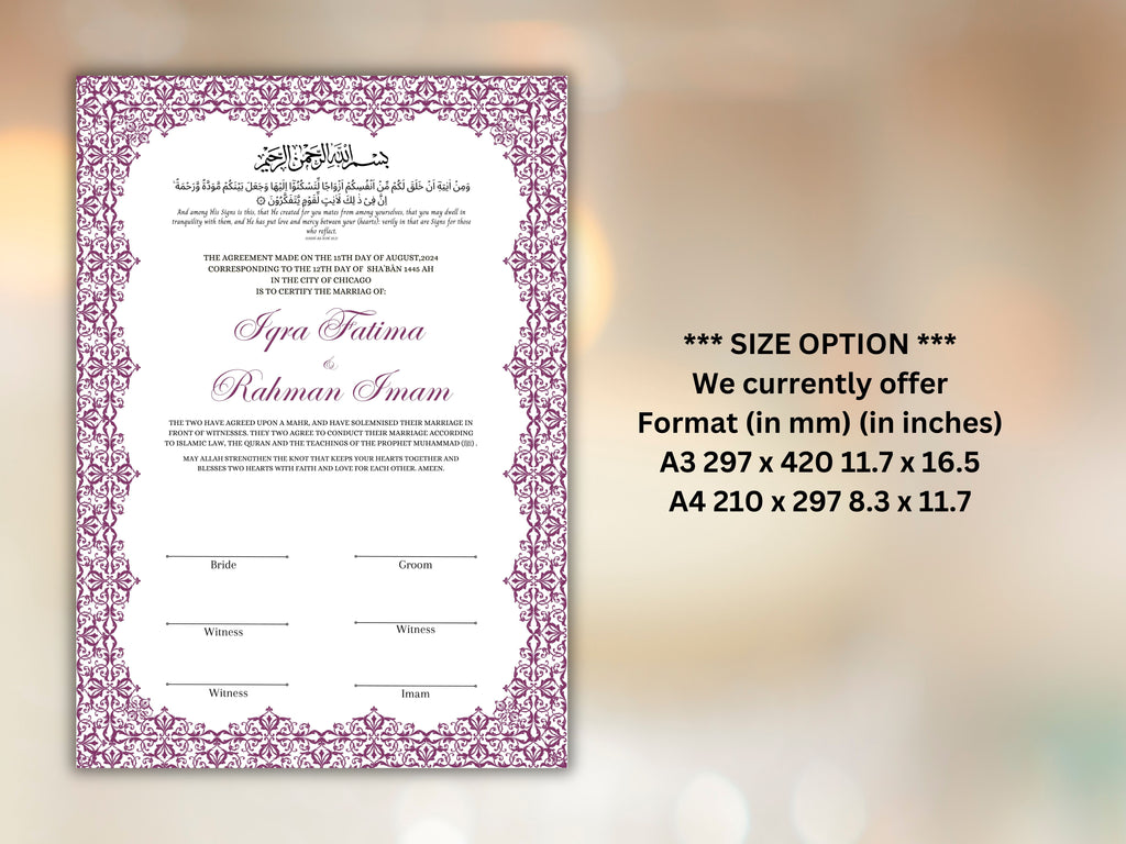 Nikkah Certificate Digital Download Personalised, A4, A3, Template, Editable, Purple Nikkah Nama, Nikkah Contract, Muslim Contract. NN244