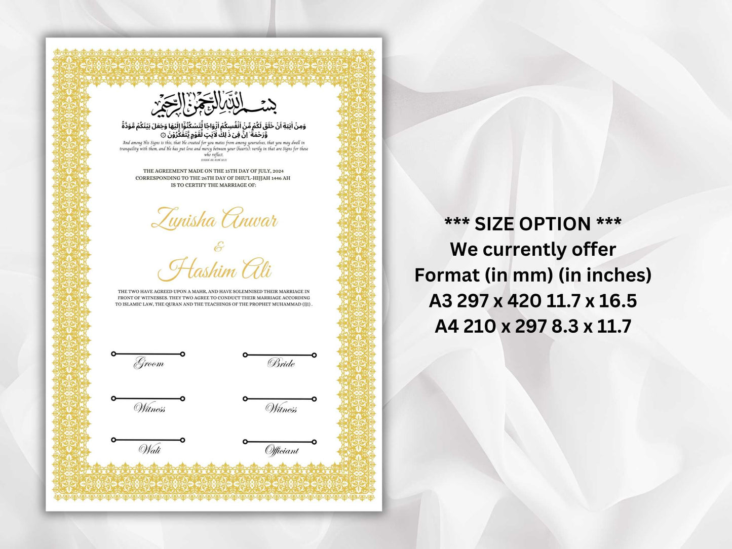 Nikkah Certificate Template, Traditional Islamic Wedding Agreement, Marriage Contract Wedding, Marriage Certificate Template, A4, A3. NN264