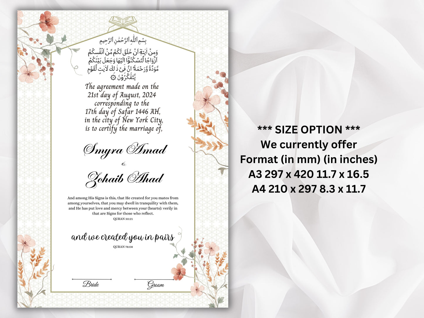 Nikkah Certificate, Islamic Wedding Contract, Muslim Marriage Certificate, Nikkah Nama, Template Nikkah, Nikkah Certificate, A3/A4. NN270