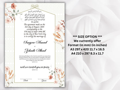 Nikkah Certificate, Islamic Wedding Contract, Muslim Marriage Certificate, Nikkah Nama, Template Nikkah, Nikkah Certificate, A3/A4. NN270