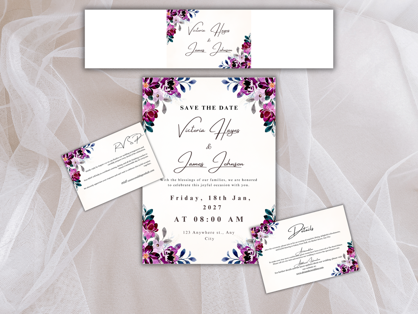 Plum Purple Floral Wedding Invitation Suite,  RSVP, Details, Menu & Thank You Card, Digital Download  MTC411
