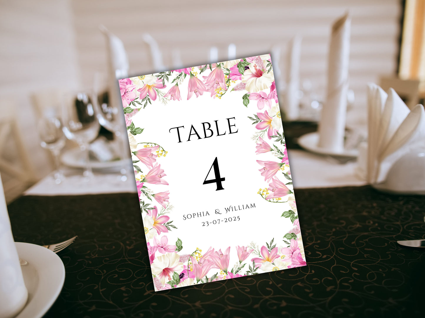 Wedding Table Numbers Template, Wedding Table Numbers, Pink Flower, Floral Wreath, Printable Table Numbers, Wedding Seating Chart. TS1