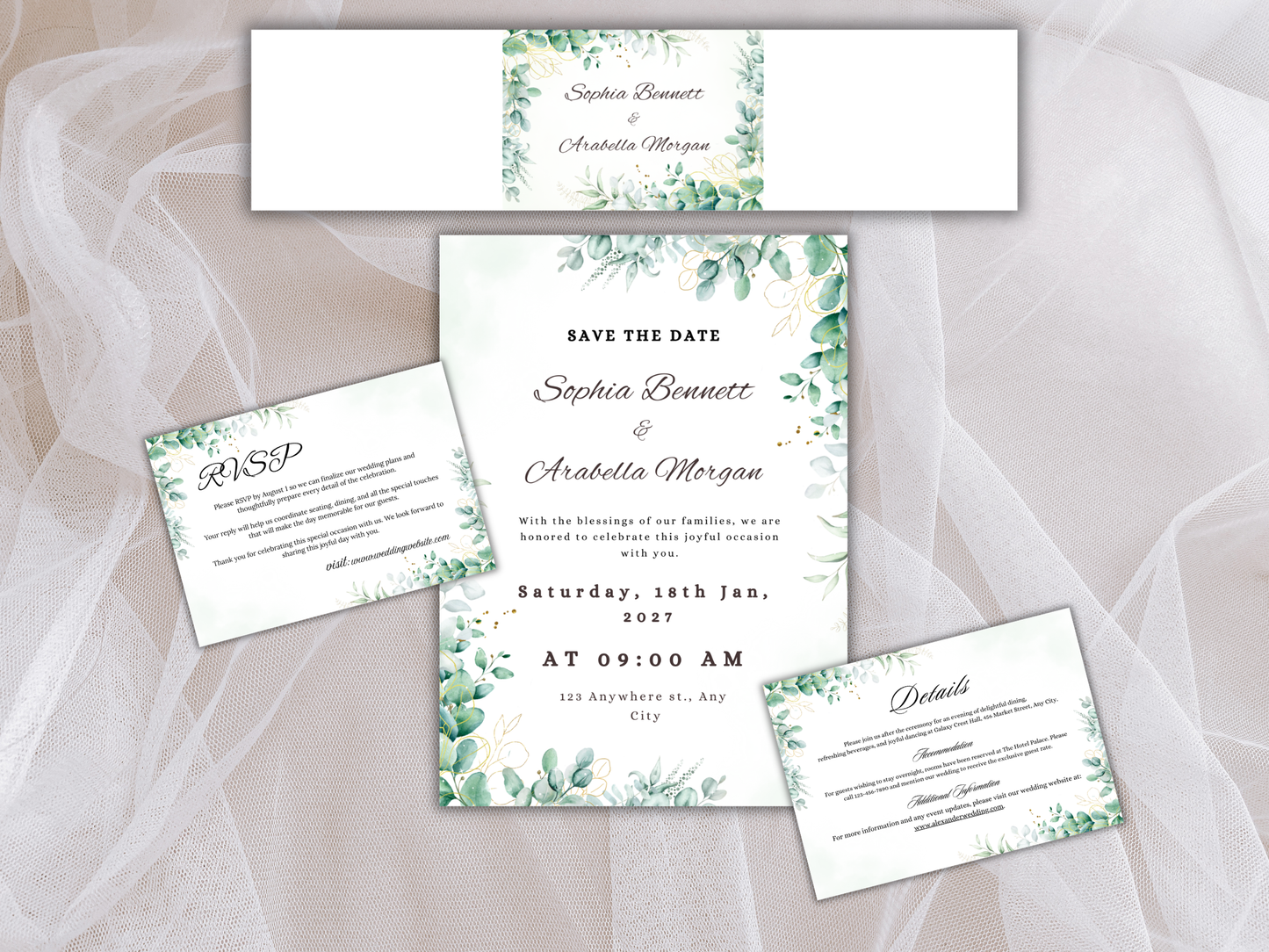 Green Eucalyptus Save the Date Card, Detail, RVSP, Menu card, Printable Instant Download MTC403