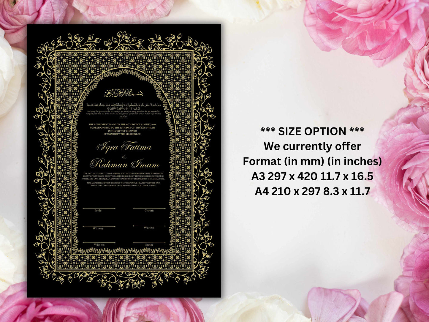 Islamic Marriage Certification | Nikahnama | Contract | A4/A3 | Muslim Wedding | Printable Nikkah Certificate | Digital Download. NN225