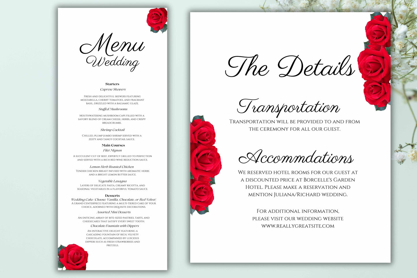 Red Rose Wedding Invitation set, Red Rose RSVP, Welcome Sign, Elegant Red Rose Wedding Timeline, Details Editable, Menu Card, WC40