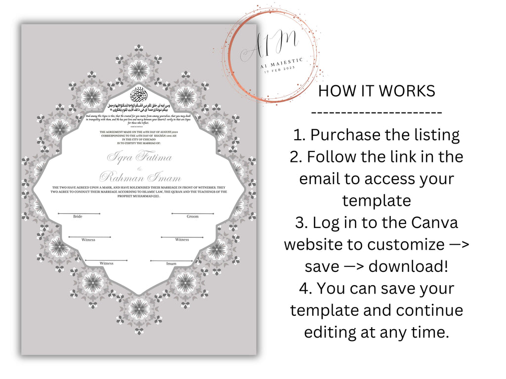 Nikkah Certificate Digital Download Personalised, A4, A3, Template, Editable, Nikkah Contract, Muslim Contract. NN230