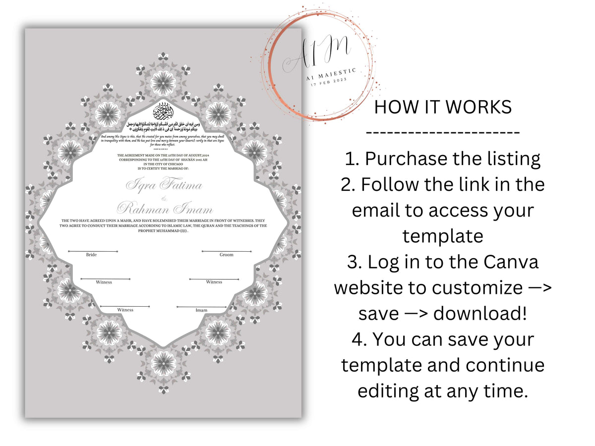 Nikkah Certificate Digital Download Personalised, A4, A3, Template, Editable, Nikkah Contract, Muslim Contract. NN230