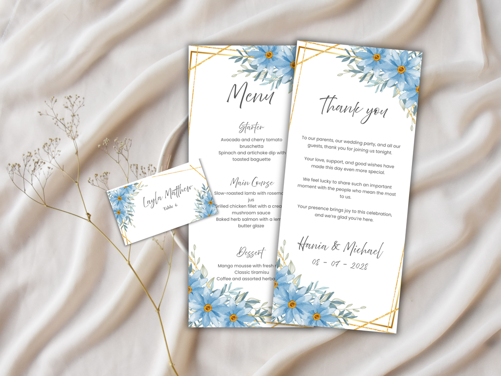 Floral Wedding Menu & Thank You Template | Editable Canva Place Card. WI209