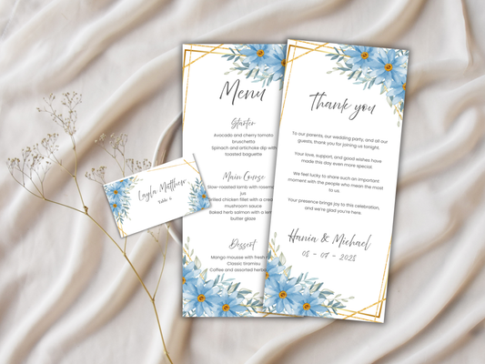 Floral Wedding Menu & Thank You Template | Editable Canva Place Card. WI209