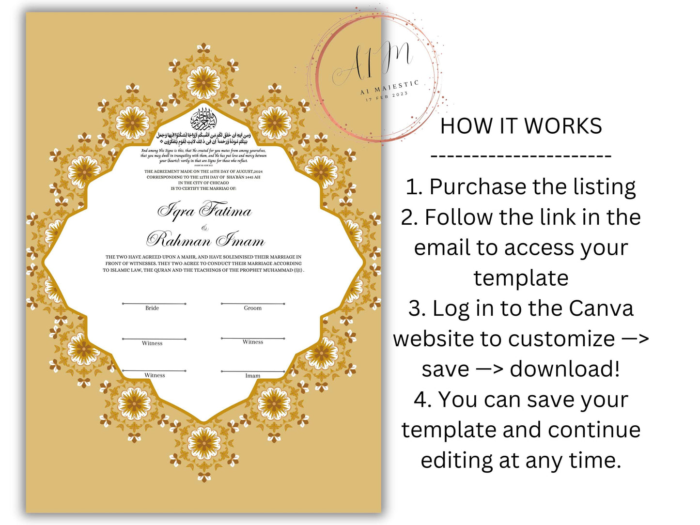 Customized Nikkah Certificate, A4/A3 Contract Digital Nikah Nama, Islamic Marriage Certificate, Muslim Marriage Contract Gold.NN228