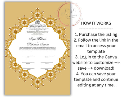 Customized Nikkah Certificate, A4/A3 Contract Digital Nikah Nama, Islamic Marriage Certificate, Muslim Marriage Contract Gold.NN228