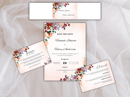 Burgundy Floral Wedding Invitation Suite, Editable RSVP, Details, Menu & Thank You Card (Digital Download) | MTC381