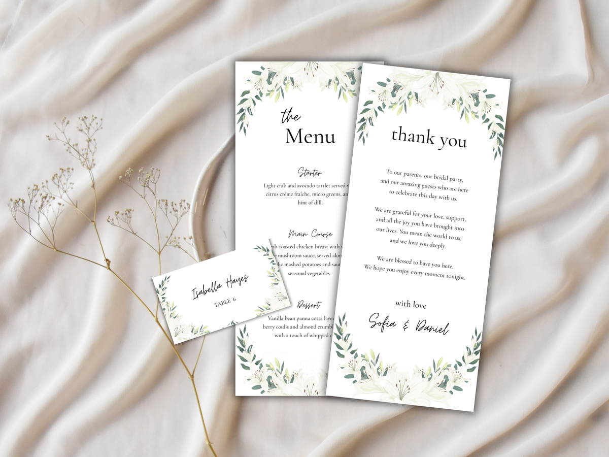Wedding Menu & Thank You Card Template | Editable Printable Table Place Card. WI203