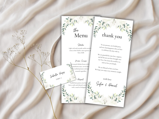 Wedding Menu & Thank You Card Template | Editable Printable Table Place Card. WI203