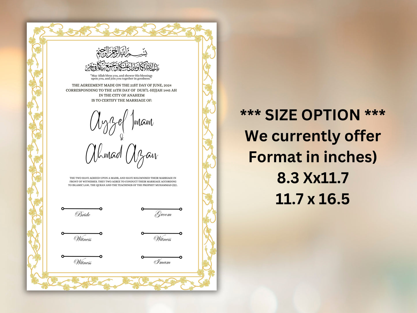 A4/A3 Nikkah Certificate, Customizable Luxury Islamic Nikkah Marriage Contract Certificate, Muslim Wedding Gift. NN257