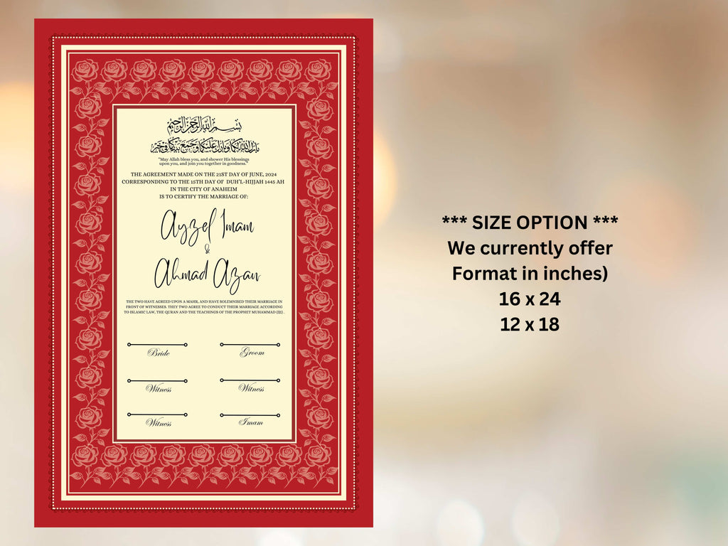 Rose Nikkah Certificate Template, Editable Nikkahnama, Printable Nikah Contract, Muslim Contract, Red Nikkah Islamic Marriage Contract.NN252