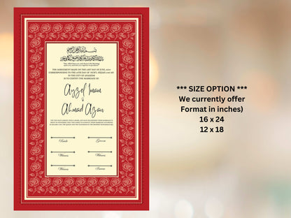 Rose Nikkah Certificate Template, Editable Nikkahnama, Printable Nikah Contract, Muslim Contract, Red Nikkah Islamic Marriage Contract.NN252