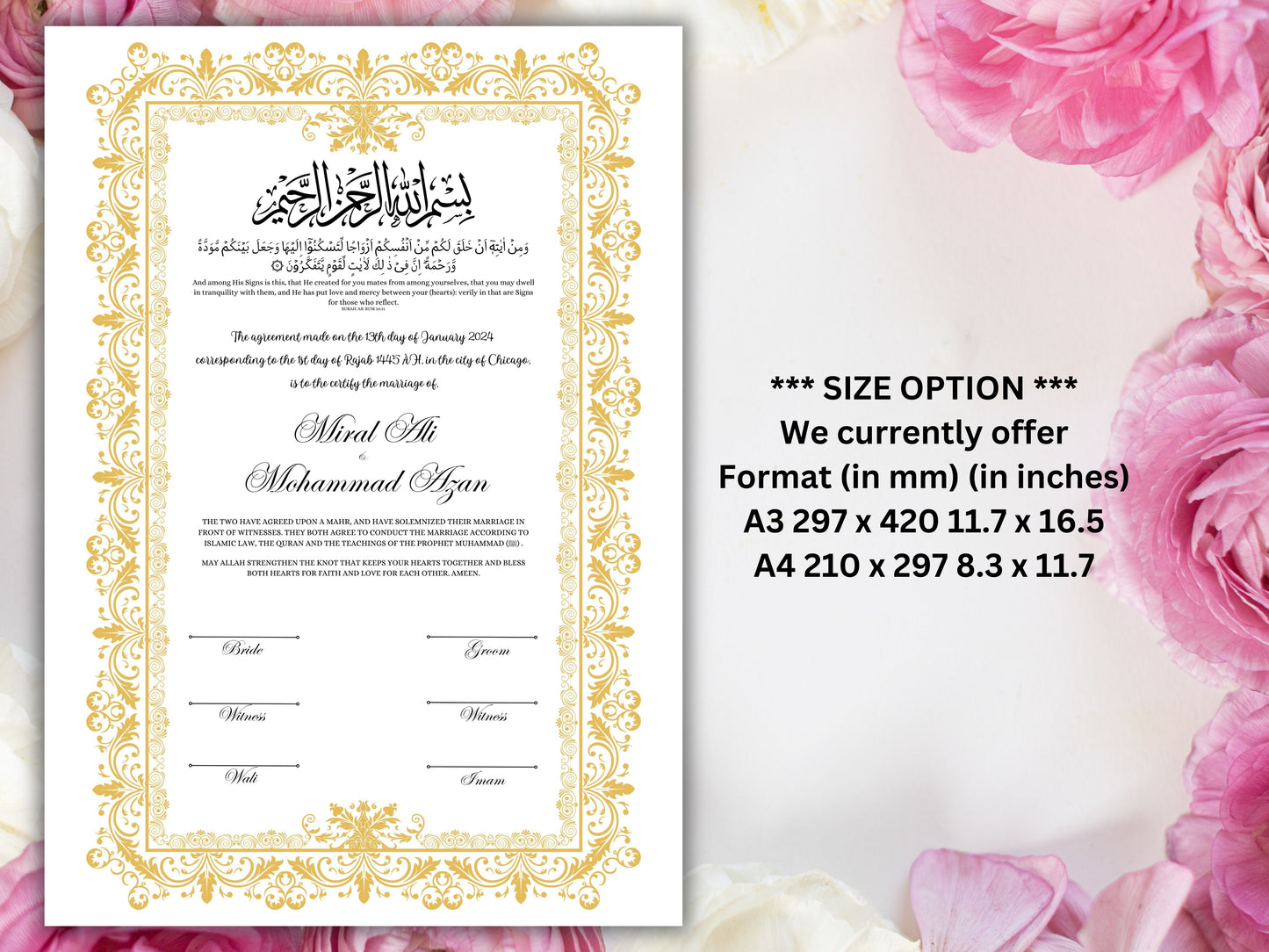 Luxury Nikkah Certificate, Premium A4 Islamic Wedding Contract, Nikkah Nama, Muslim Marriage Certificate, Personalised Names, A4, A3. NN250