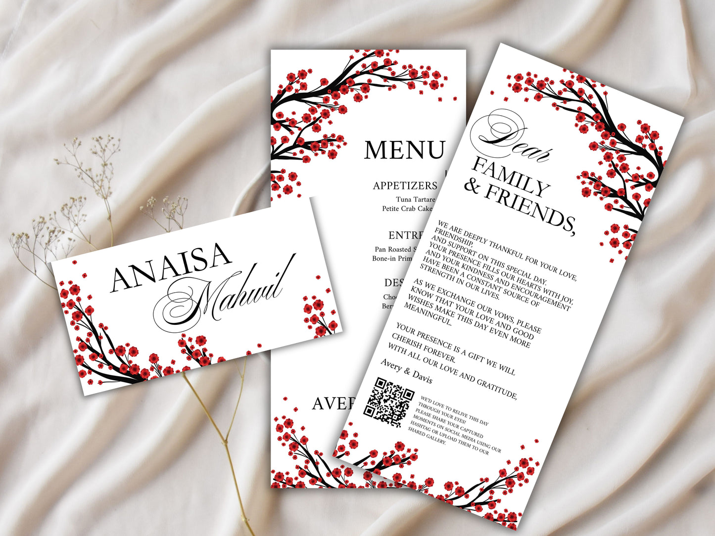 Red Floral Wedding Menu & Thank You Card Template .WI192
