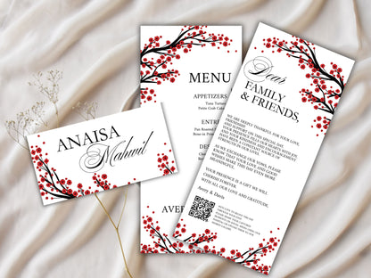 Red Floral Wedding Menu & Thank You Card Template .WI192