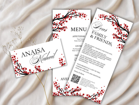 Red Floral Wedding Menu & Thank You Card Template .WI192