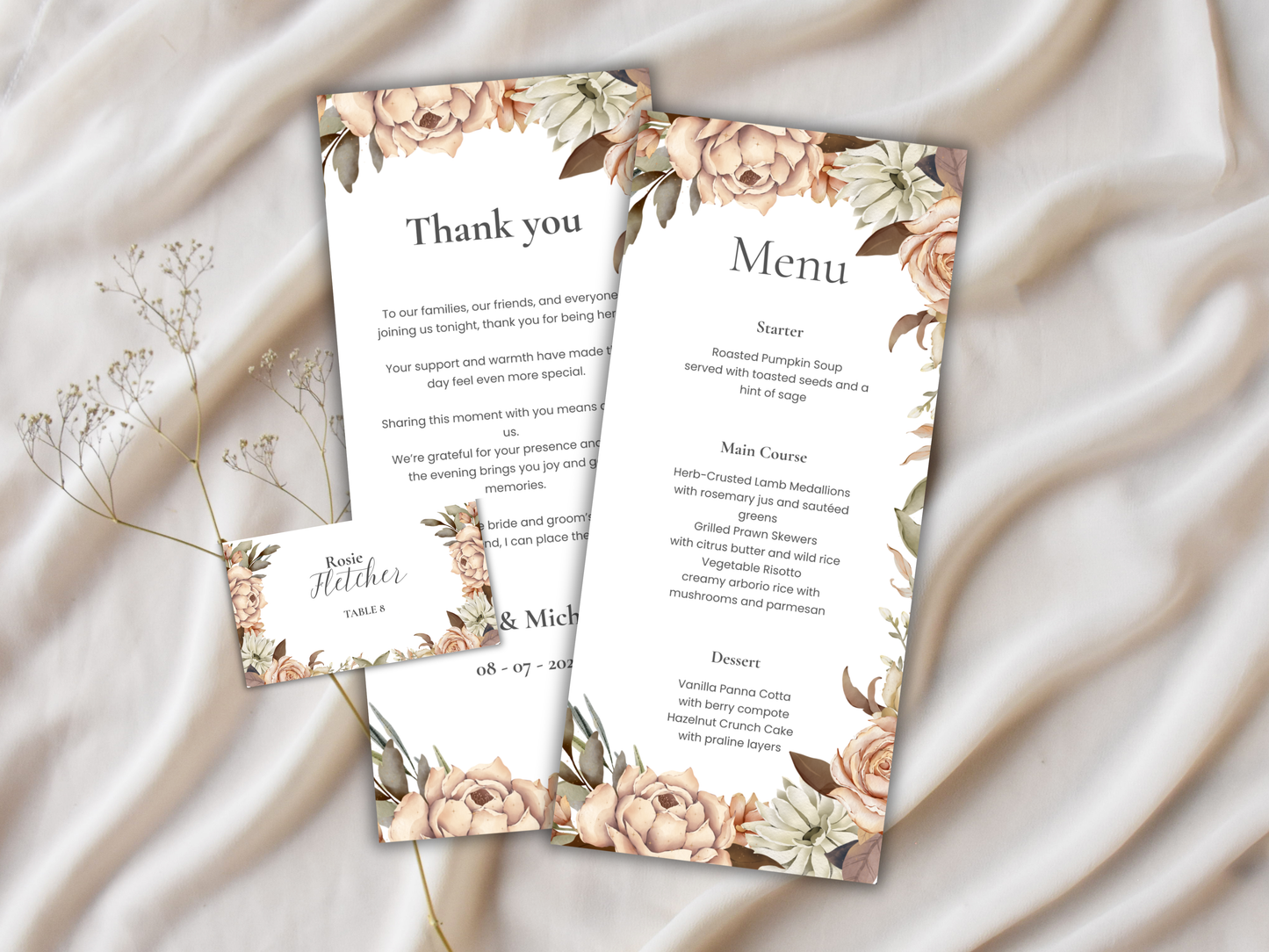 Wedding Menu & Thank You Template | Editable Canva Place Card. WI218