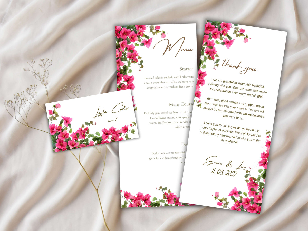 Wedding Menu Template, Editable Place Card & Thank You Note. WI199