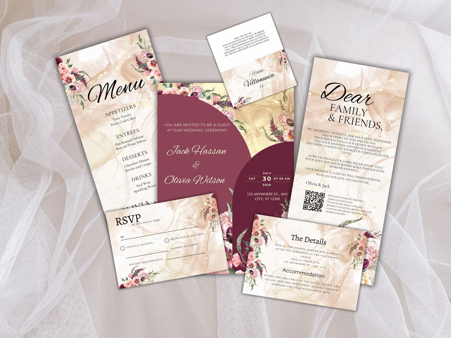 Wedding Invitation Bundle, RSVP, Thank You Card, Table Card, Menu Card, Reception Card, Details Card. WI270