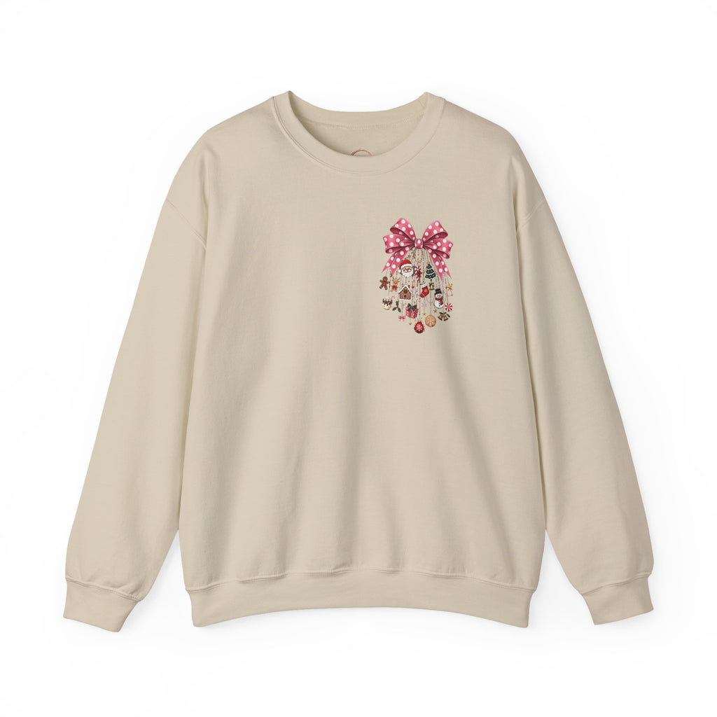 Crewneck Sweatshirt — Floral Heart Ornament with Pink Bow Holiday Design