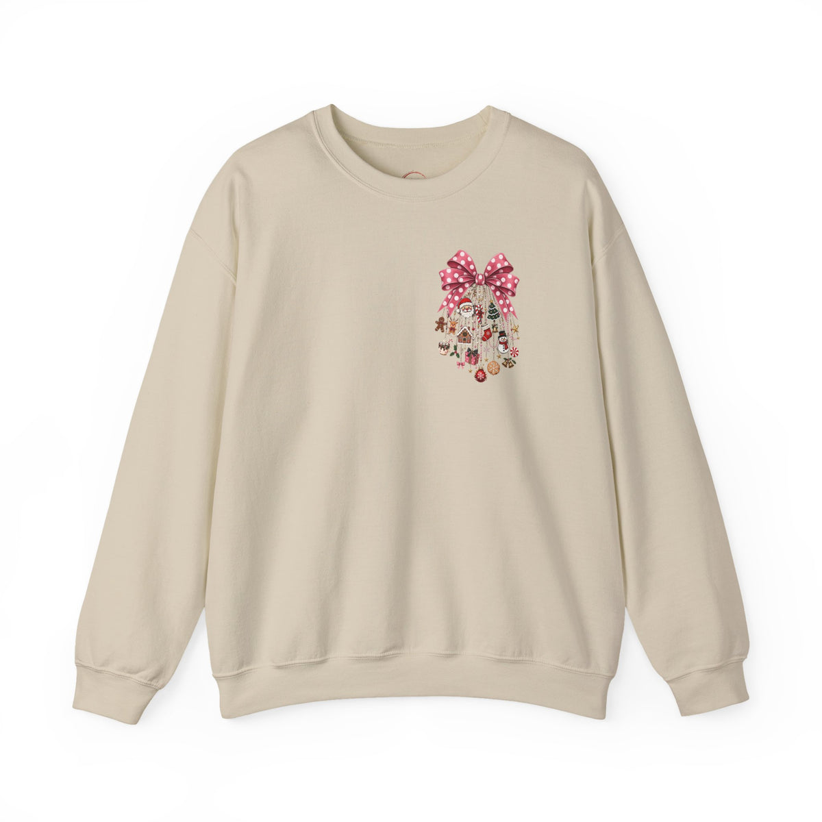 Crewneck Sweatshirt — Floral Heart Ornament with Pink Bow Holiday Design