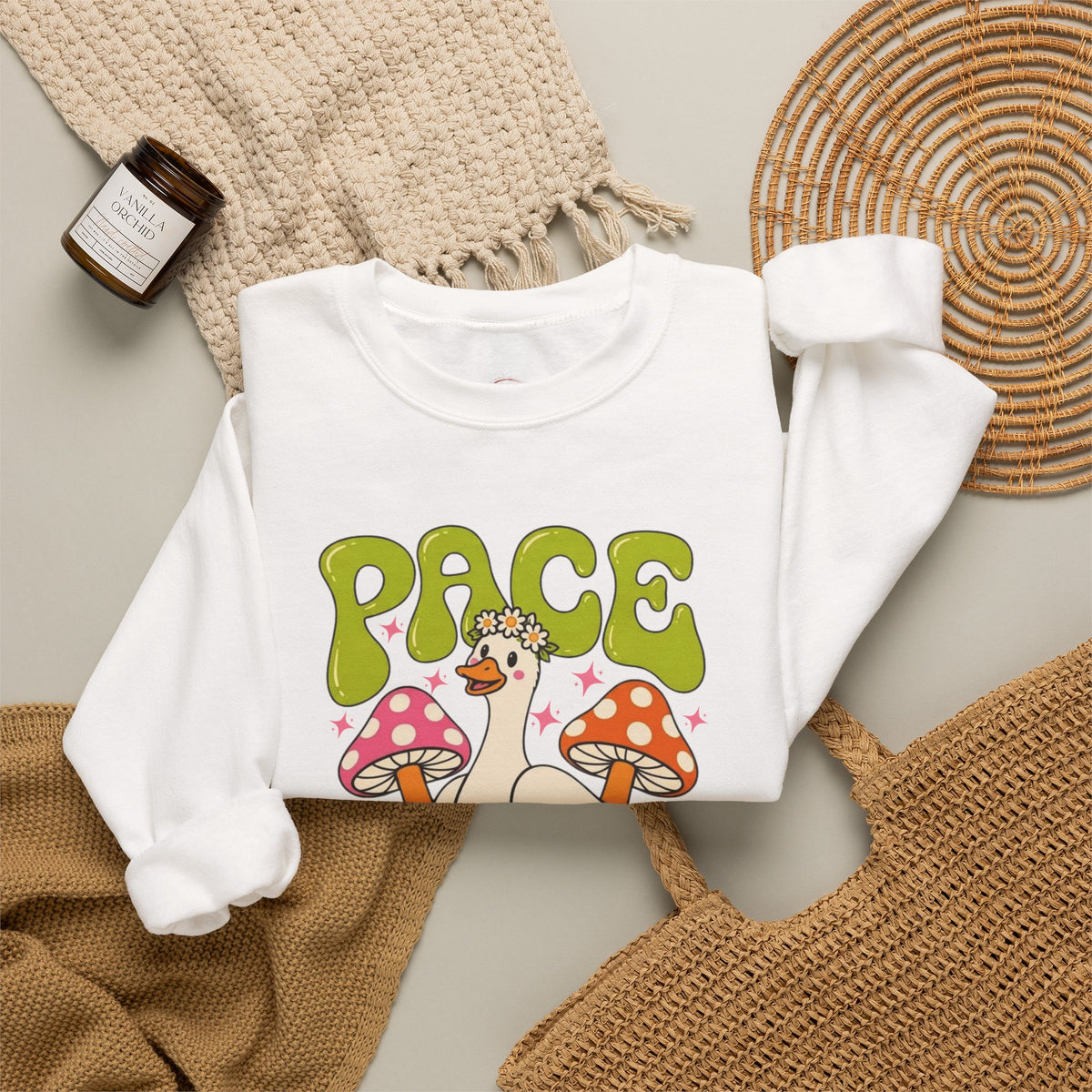 Peace Yourself Crewneck Sweatshirt — Retro Duck & Mushrooms Graphic