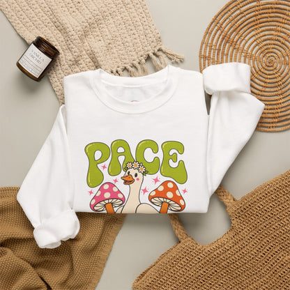 Peace Yourself Crewneck Sweatshirt — Retro Duck & Mushrooms Graphic