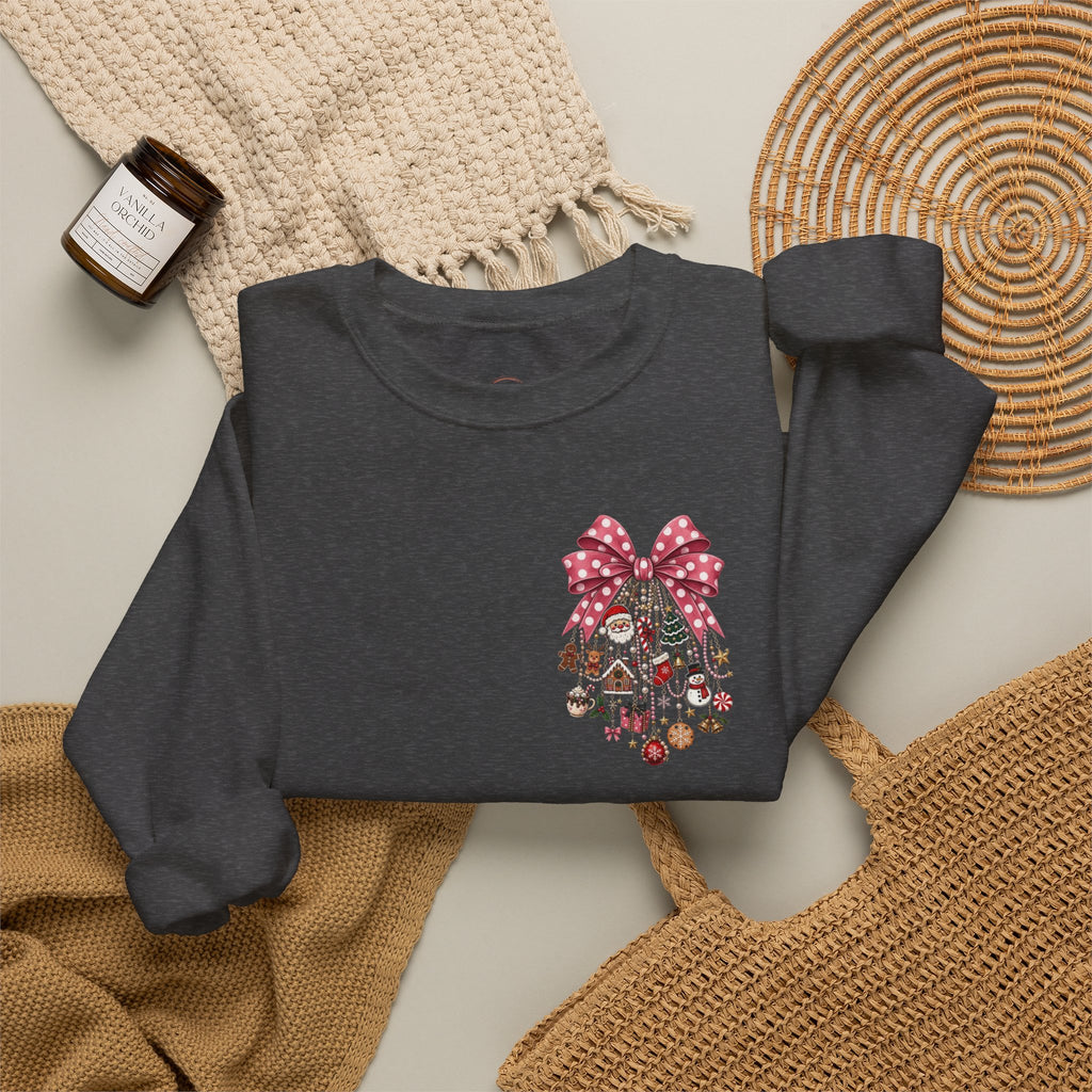 Crewneck Sweatshirt — Floral Heart Ornament with Pink Bow Holiday Design