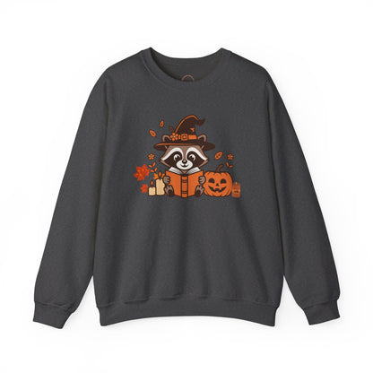 Halloween Raccoon Witch Sweatshirt – Cute Pumpkin & Spooky Book Crewneck
