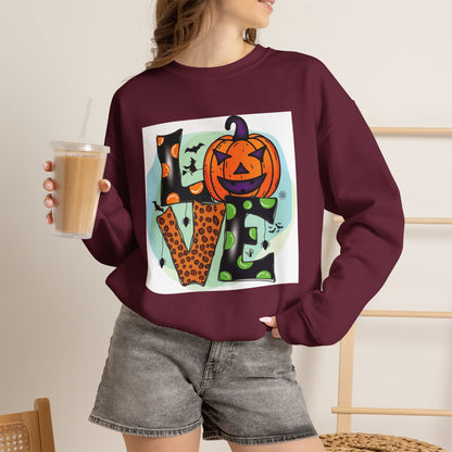 Halloween LOVE Crewneck Sweatshirt — Jack-O'-Lantern & Leopard Print Graphic