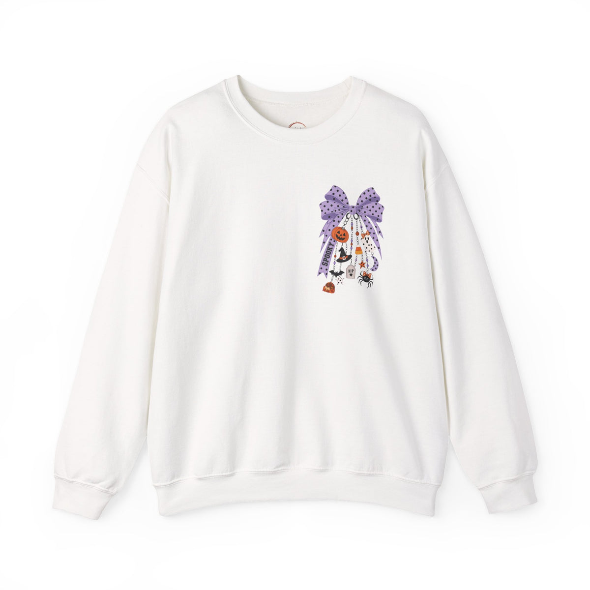 An off-white crewneck sweatshirt featuring a graphic print of a purple patterned bow and a hanging white veil decorated with small orange flowers and black details, shown against a plain white background.