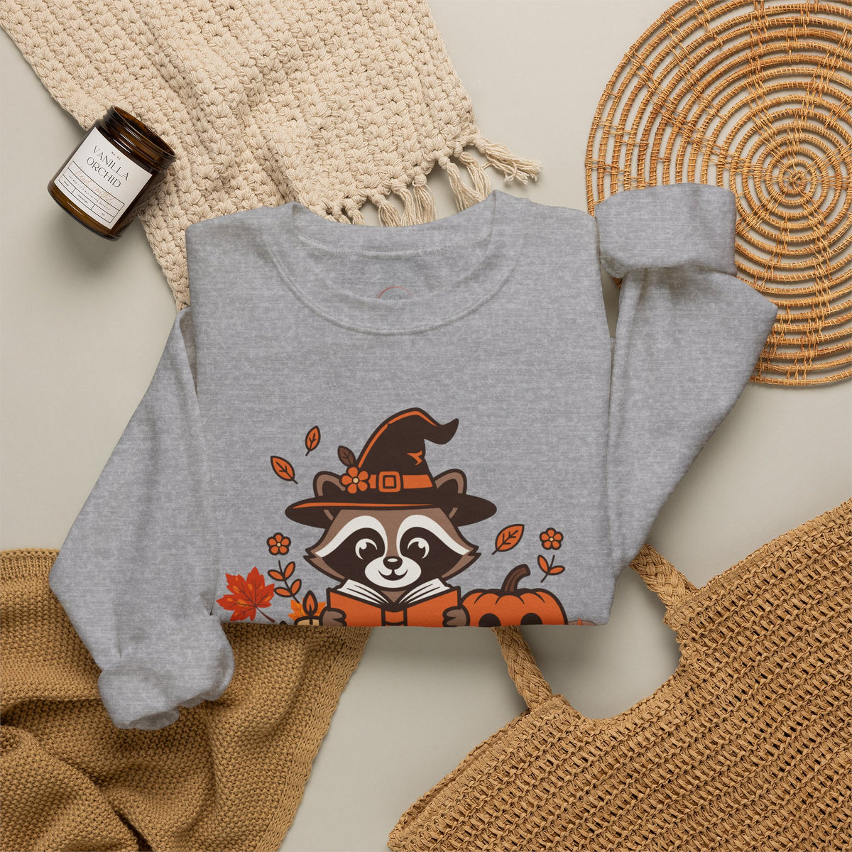 Halloween Raccoon Witch Sweatshirt – Cute Pumpkin & Spooky Book Crewneck