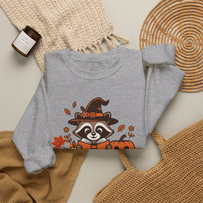 Halloween Raccoon Witch Sweatshirt – Cute Pumpkin & Spooky Book Crewneck