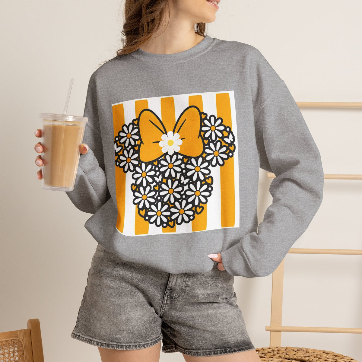 Floral Mouse Head Sweatshirt — Yellow Daisy Bow Crewneck