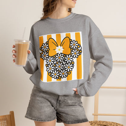 Floral Mouse Head Sweatshirt — Yellow Daisy Bow Crewneck