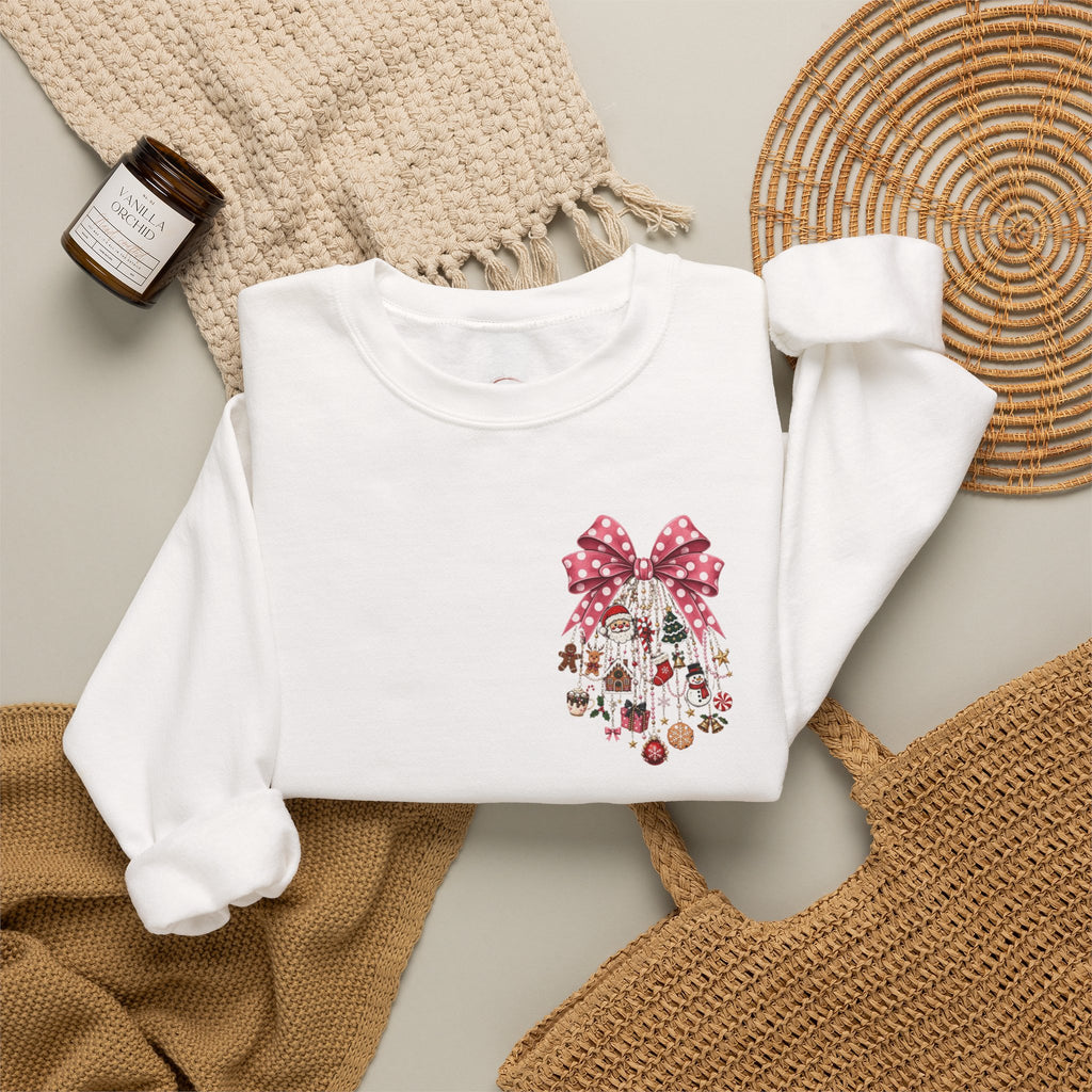 Crewneck Sweatshirt — Floral Heart Ornament with Pink Bow Holiday Design