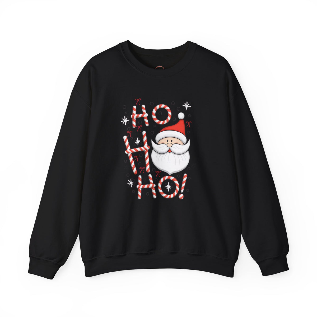 A black crewneck sweatshirt featuring a festive Christmas graphic with the text 'HO HO HO!' in red and white candy cane patterns, a cartoon Santa Claus face, and small white stars.