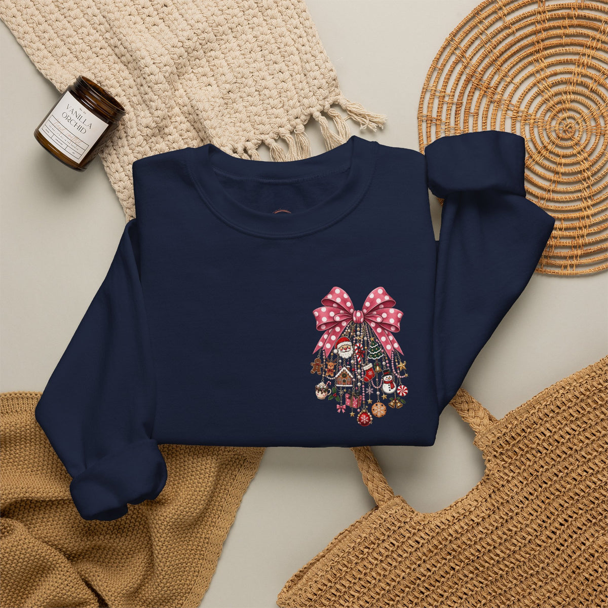 Crewneck Sweatshirt — Floral Heart Ornament with Pink Bow Holiday Design