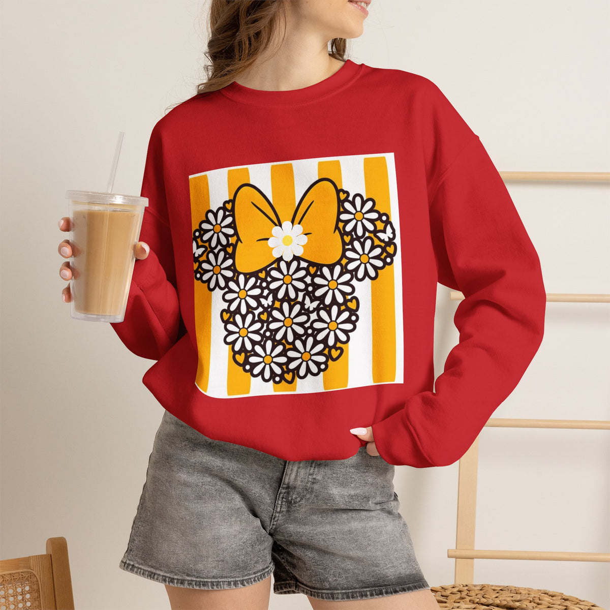 Floral Mouse Head Sweatshirt — Yellow Daisy Bow Crewneck