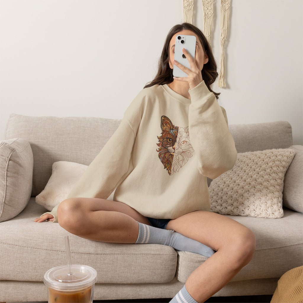 Cat Face Split Crewneck Sweatshirt – Half Realistic, Half Line Art Cat Design