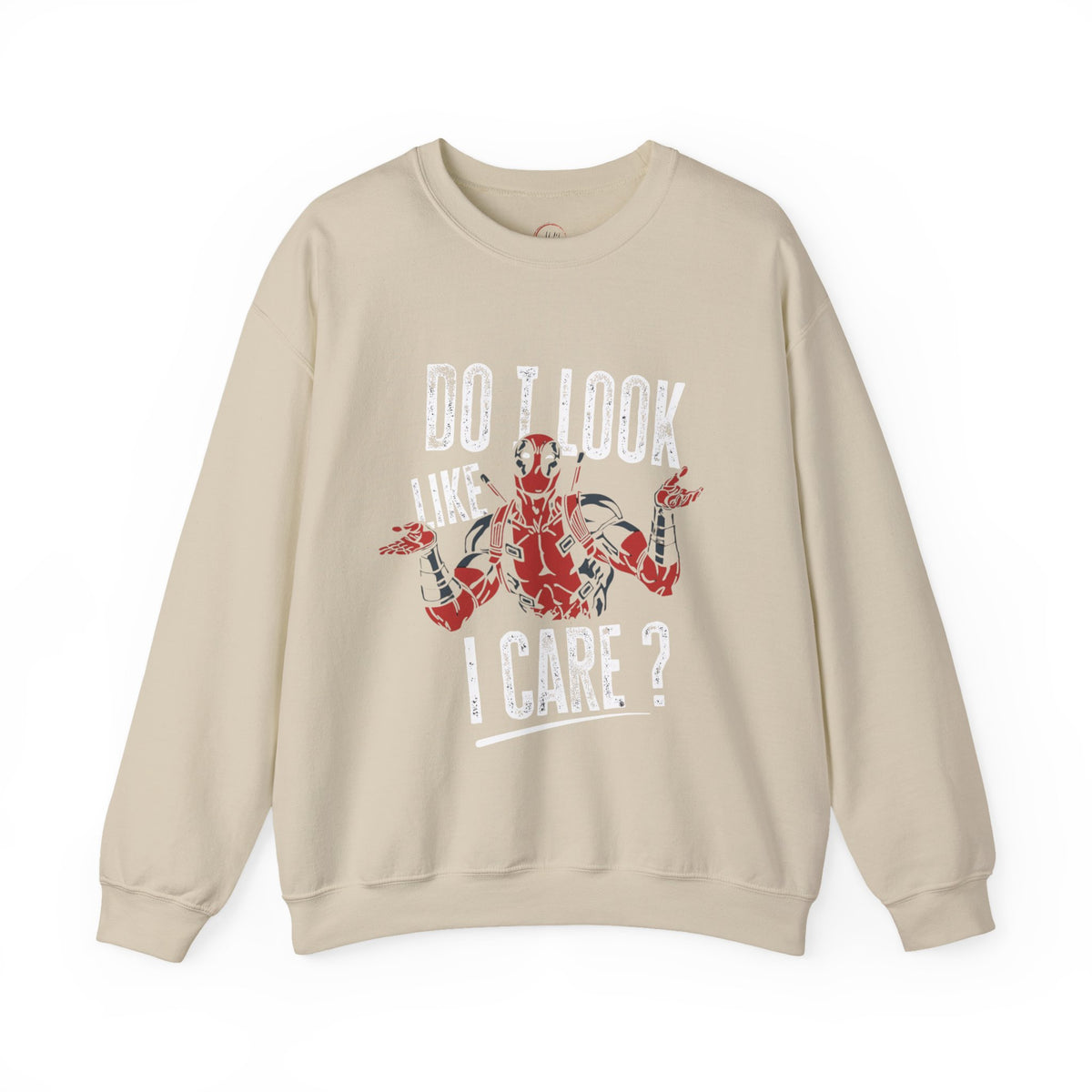 A beige crewneck sweatshirt featuring a graphic of a red and black multi-armed character with the distressed white text 'DO I LOOK LIKE I CARE ?' on the front, displayed against a solid white background.