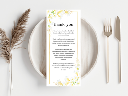 White Lily Wedding invitation Card, Gold Floral Menu Template, Detailed, RVSP,  Editable Thank You, Bottle Label, Table Card, MTC373
