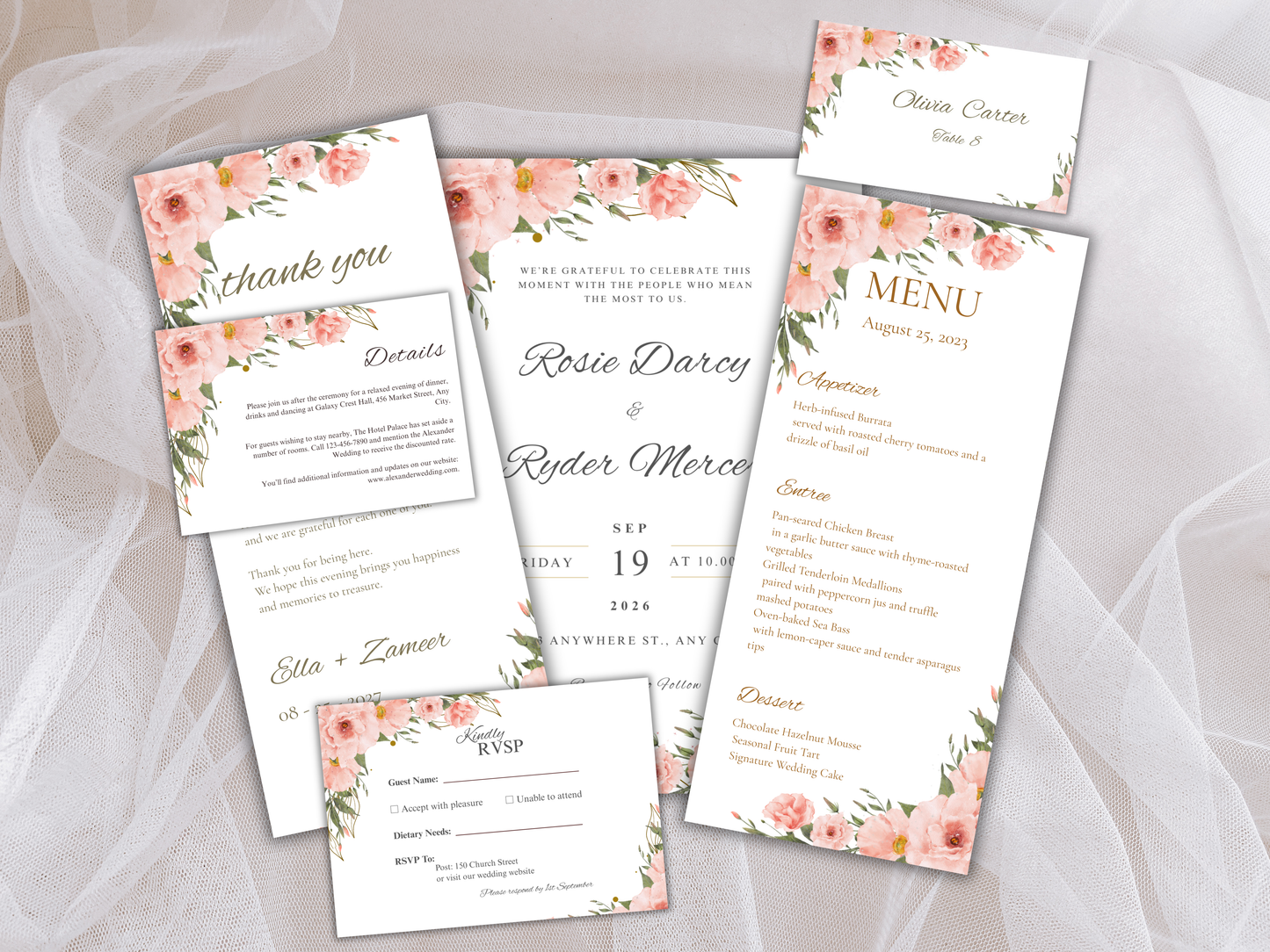 Wedding Invitation Bundle, RSVP, Thank You Card, Table Card, Menu Card, Reception Card, Details Card. WI226