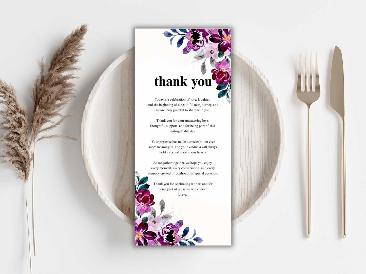 Plum Purple Floral Wedding Invitation Suite,  RSVP, Details, Menu & Thank You Card, Digital Download  MTC411